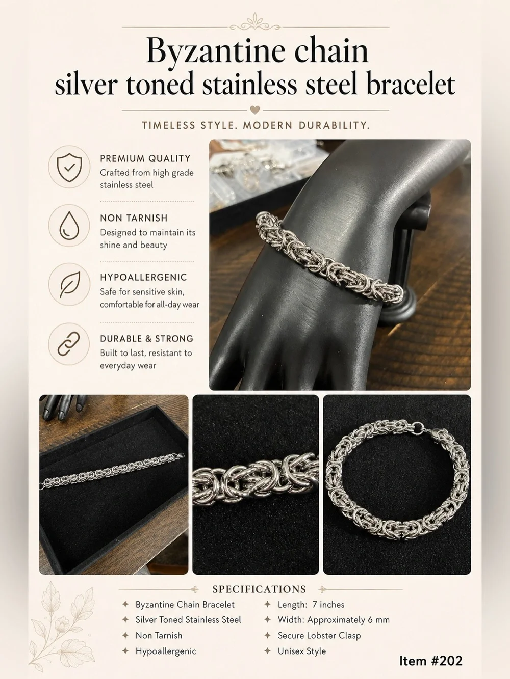 Byzantine Chain Bracelet for Men — Silver Tone Stainless Steel